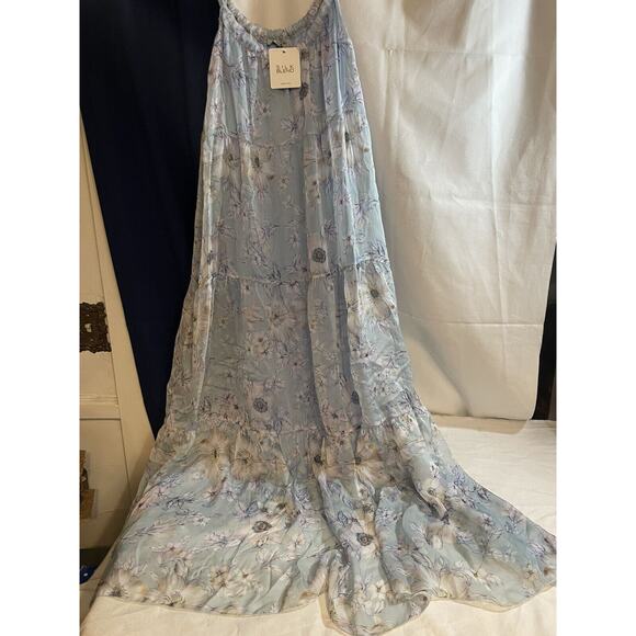 Elena Baldi Silk Blend Tiered Floral Maxi Dress Blue Lightweight Womens Size L - Picture 1 of 4